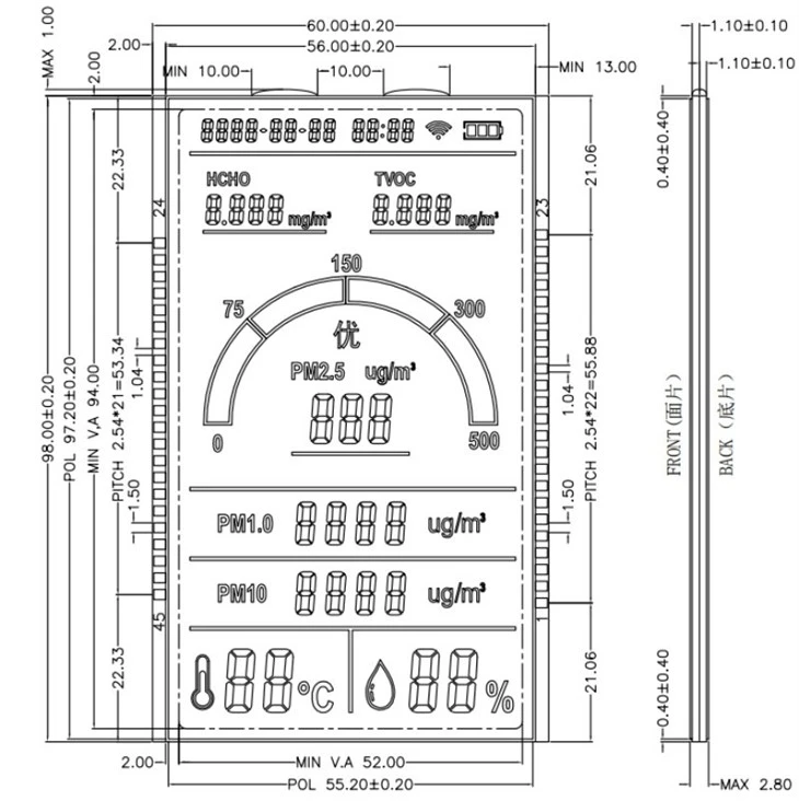 HTN lcd display for air quality pollution detector